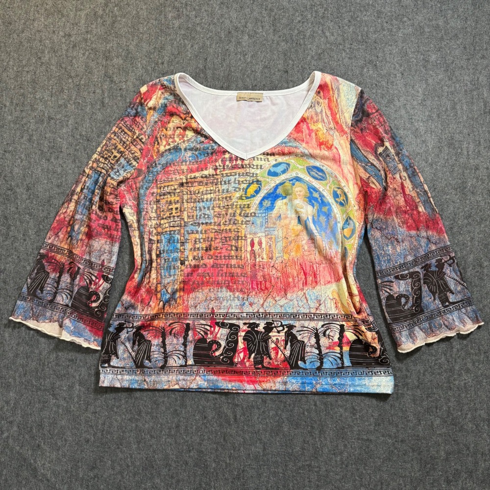 VTG Y2K Susan Lawrence Mesh Top Renaissance Zodiac Greek Print V-Neck XL